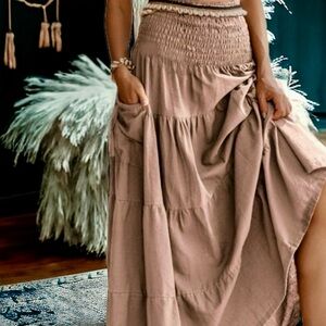 Beige Boho Chic Organic Cotton Pleated Maxi Skirt w Smocked Waistline Pockets OS